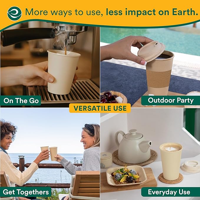 ECO SOUL 100 Pack 12 oz Disposable Coffee Cups with Lids & Sleeves Eco-Friendly, Biodegradable, Compostable, Leak-free & Sturdy To Go Hot Drink Cup for Tea, Chocolate Party Travel Cafe Office & Home