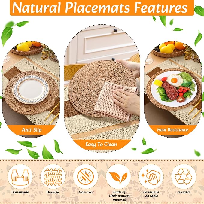 4 Sets Boho Decoration Placemats Round Woven Placemats, Cloth Napkins, Wood - Image 5