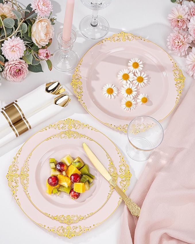 Nervure 100PCS Pink and Gold Plastic Plates - 10.25Inch Pink Disposable Plates - Plastic Dinner Plate for Weddings & Parties