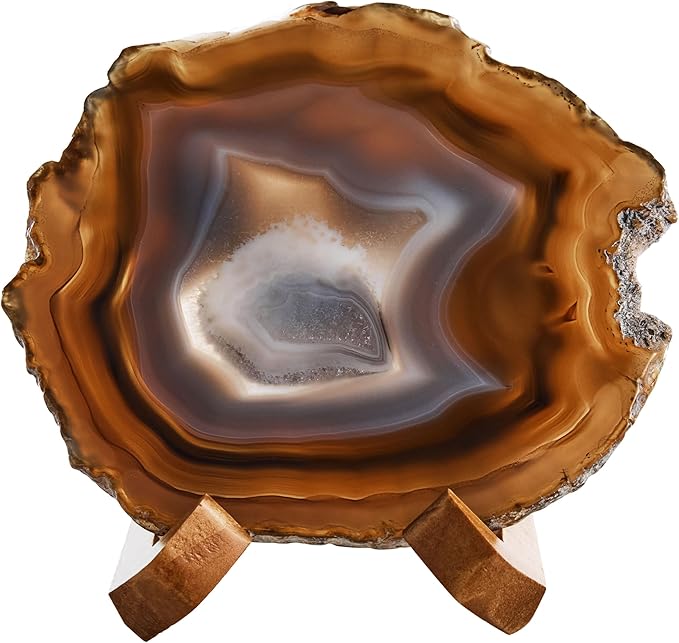 Luxury Lane Large Natural Brazilian Agate Slice Geode Rock Stone Drink Coaster with Wood Holder 4.7-5.5 inch Centerpiece Table Decoration, Ash Gray