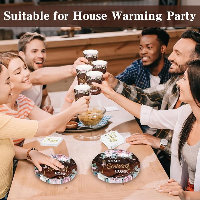 Zubebe 120 Pcs Housewarming Party Tableware Home Sweet Home Plates and Napkins Disposable Sets Rustic Leaves Floral House Warming for New House Wedding Party Supplies Serve 24 Guests(Boho Style)