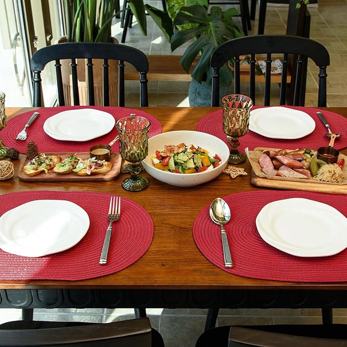 Noctiflorous Oval Braided Placemats Set of 8 Woven 12x18 Inch Non Slip Washable Heat Resistant Place Mats Round Tablemats for Dining Kitchen Party Daily Table Decor Dinner Mats (Red, 8)