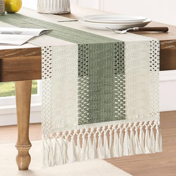 Macrame Style Bicolor Stitching Table Runner 14x48in Green | Woven Boho Table by ZEEMARTONLINE