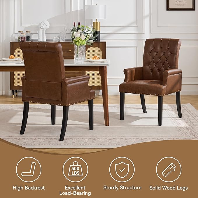 PU Leather Dining Chair with Arms, Upholstered Tufted High Back Dining Room Chairs, Accent Armchair with Solid Wood Leg and Nailhead Trim, Kitchen Dining Living Room, Coffee