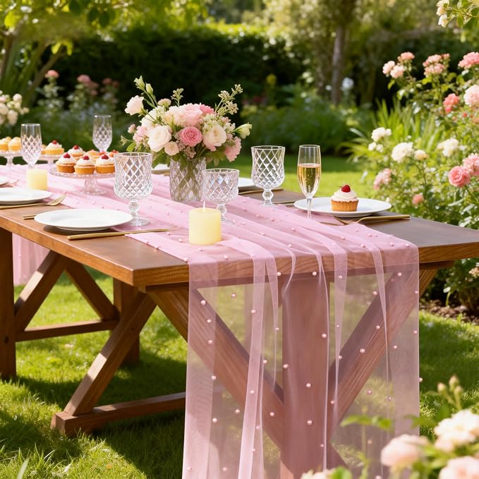 Pearl Table Runner Summer Tulle Gauze Sheer Wedding Party Home Decor | Pink - Image 5