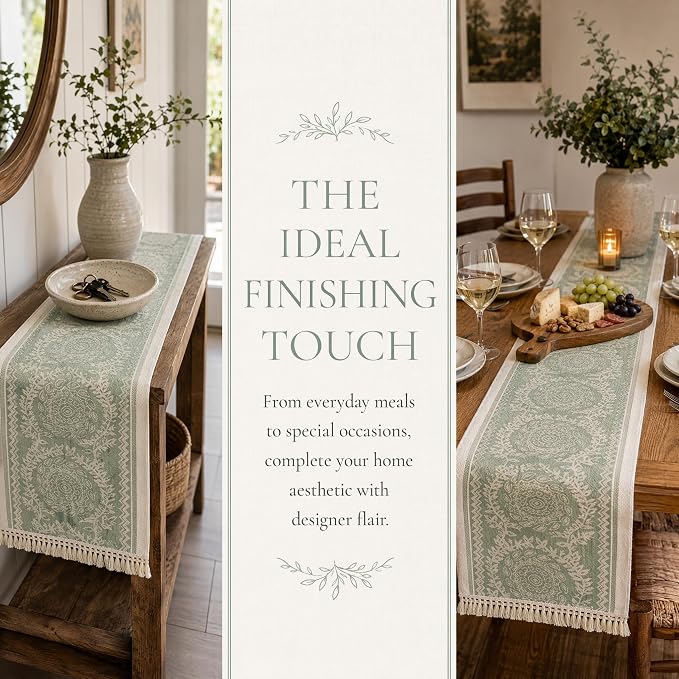 14x95 Medallion Table Runner Waterproof Rustic Farmhouse Macrame | Hosting a - Image 7