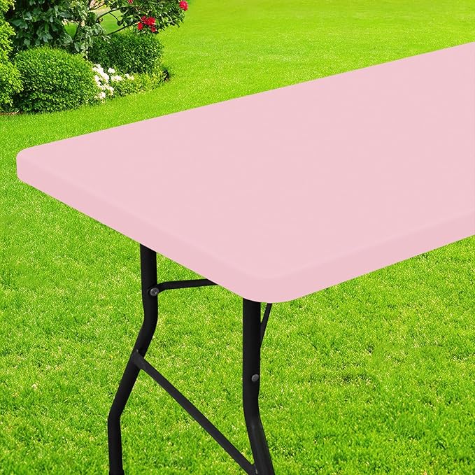 Smiry Rectangle Picnic Table Cloth, Waterproof Elastic Fitted Tablecloths for 8 Foot Tables, Washable Polyester Table Cover for Camping, Valentine's Day and Outdoor (Pink, 30"x96")