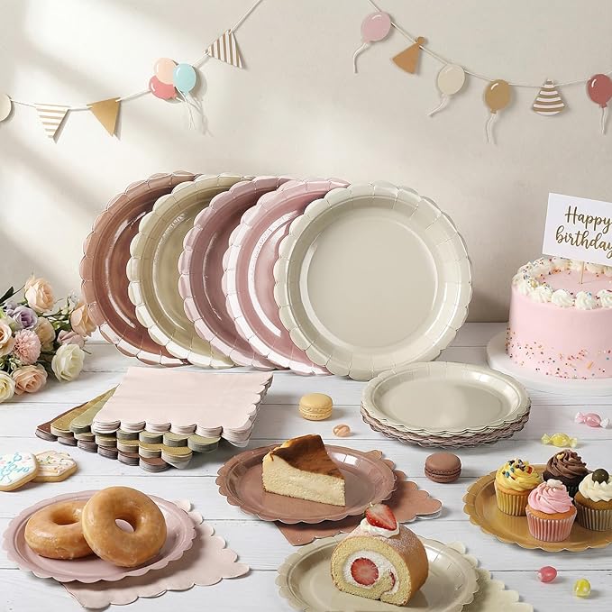 200 Pcs Boho Party Supplies Plates and Napkins Tableware Set Serve 25 Guests Includes Scalloped 9" 7" Paper Dessert Dinner Plate Napkins for Spring Birthday Wedding Baby Shower Tea Party