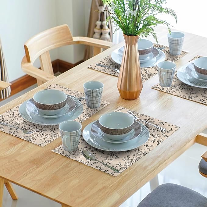Rustic Floral Placemats - Country Place Mats Set of 4 Farmhouse Rose Flowers Tablemats 12x18 for Party Kitchen Dining