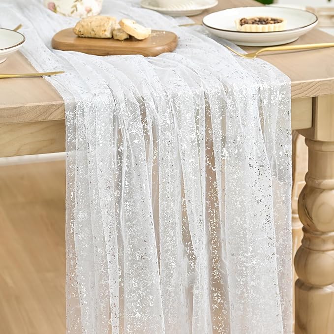 Artoid Mode White Silver Gauze Table Runner 59x120 Inch 10FT, Glitter Metallic Foil Sheer Dining Holiday Wedding Anniversary Birthday Table Decor for Home Party