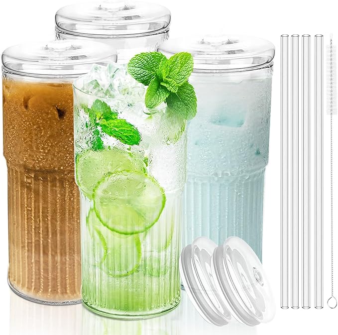 Luiaiog Glass Cups with Lids and Glass Straws, High Borosilicate 20OZ Tumblers by Luiaiog