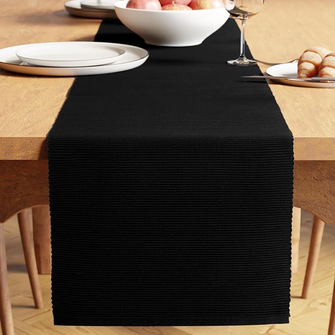 Encasa XO Table Runner, Yarn Dyed Ribbed Cotton 13"x59" | Solid Black, 12-Ply by EncasaXO