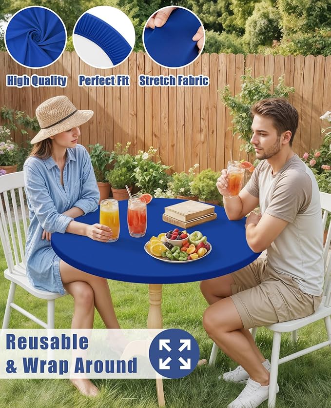 Round Spandex Tablecloth 2 Pack, Elastic Fitted Waterproof Tablecloths for 31"-35" Tables, Stretch Washable Picnic Table Cover for Camping, Dining, Indoor and Outdoor, Blue