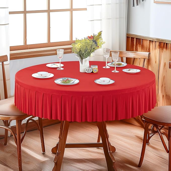 6 Pack Red Spandex Round Tablecloths for 60 Inch Tables, Stretchy Fitted 5FT Cloths, Wrinkle-Free Cover With Skirt for Wedding Party Dining Banquet