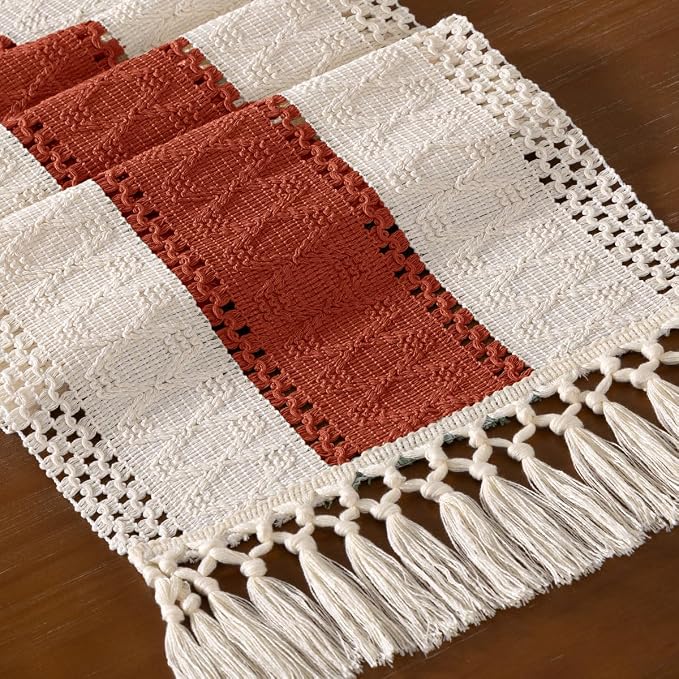 DeZerlor Boho Macrame Table Runner Terracotta Farmhouse Woven Small Table Runner - Image 2