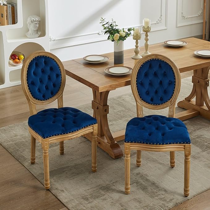 Ball & Cast French Vintage Upholstered Dining Chairs Set of 2, Button Tufted Kitchen Side-Chairs with Carved Antique Wood Frame & Nailhead Trims, 2-Piece Curved Backrest Louis Chair, Velvet Blue
