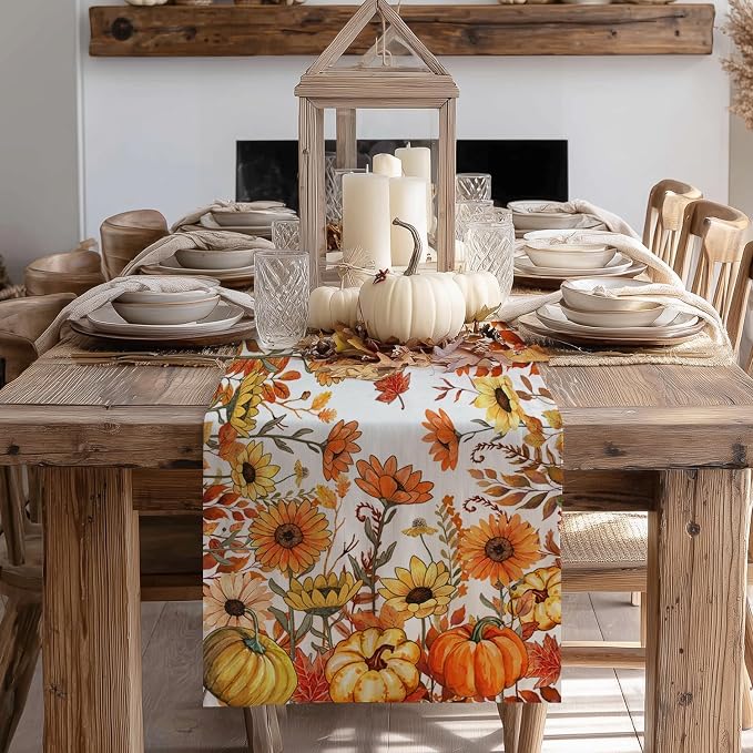 Fall Pumpkins and Sunflowers Table Runner 13x108 Inch, Maple Leaves Farmhouse - Image 5
