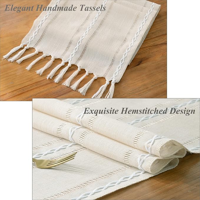Wracra Rustic Linen Table Runner, Ivory Table Runners 90 inches Long | Raised - Image 2