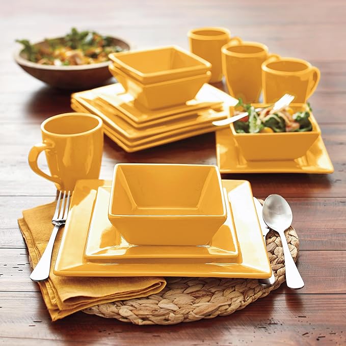 Montgomery Ward 16-Piece Sleek Golden Honey Square Dinnerware Set for 4 - Modern Stoneware Plates and Bowls Set (Golden Honey)