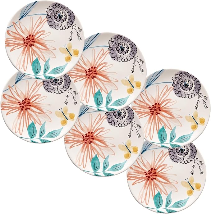 Bico Blossom Symphony Appetizer Plates Set of 6, 6 Inch Small Ceramic Dessert Plates for Snacks, Salad, Tablescape, Microwave and Dishwasher Safe, Gift for Housewarming and Thanksgiving