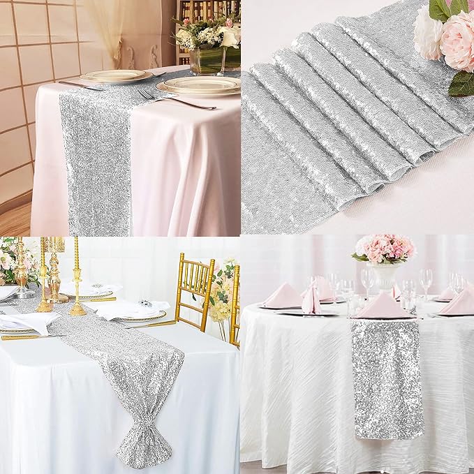 12 Packs 12 X 108 Inch Silver Sequin Table Runner Glitter Dining Table Runner - Image 6