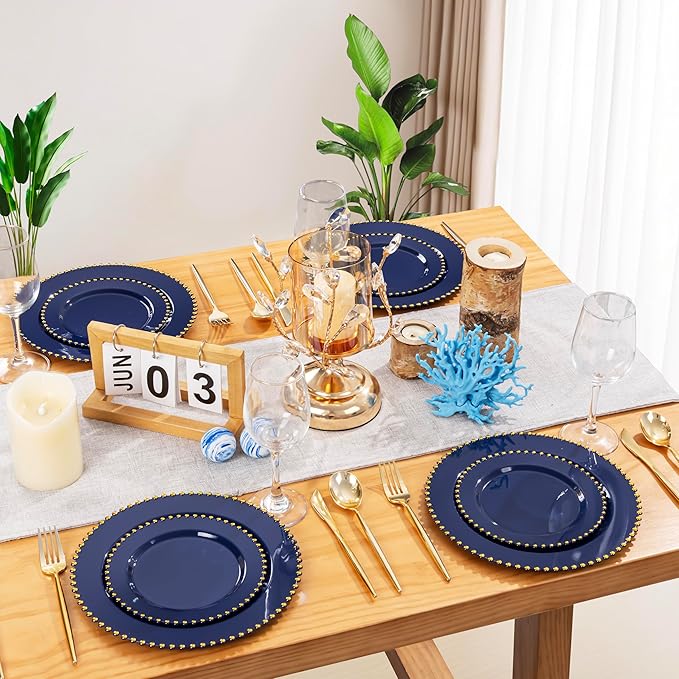 EI 60pcs Dark Blue Plastic Plates with Gold Rim Disposable,Blue Plastic Plates Disposable for Party,Heavy Duty 10" Dinner & 7" Dessert Plate Fancy Elegant Plate for Wedding,Birthday,Afternoon Tea