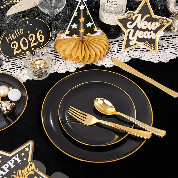 WDF 150PCS Black Plastic Plates - Black and Gold Plates Disposable - 25guest Disposable Dinnerware Sets for Party/Wedding/Halloween/New Year