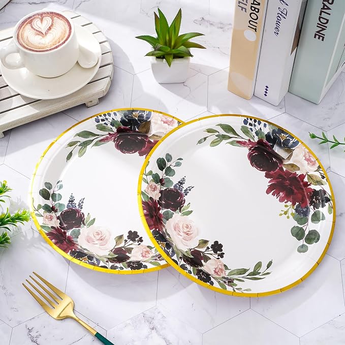 JarThenaAMCS Floral Leaves Paper Plates Disposable Watercolor Red Flower Plates - Image 3
