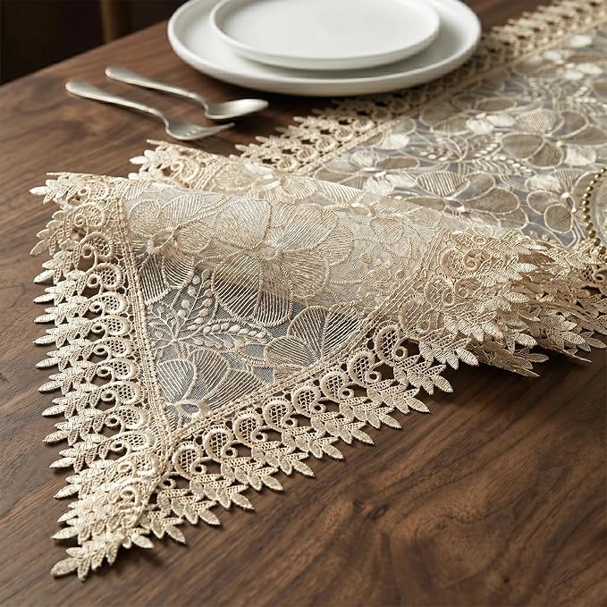SIOLOC Champagne Lace Table Runner 14 x 72 Inch, Premium Embroidered Floral - Image 5