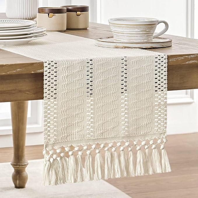 Macrame Style Boho Table Runner, 12x36 Inch Ivory | Woven Boho Table Runner by ZEEMARTONLINE