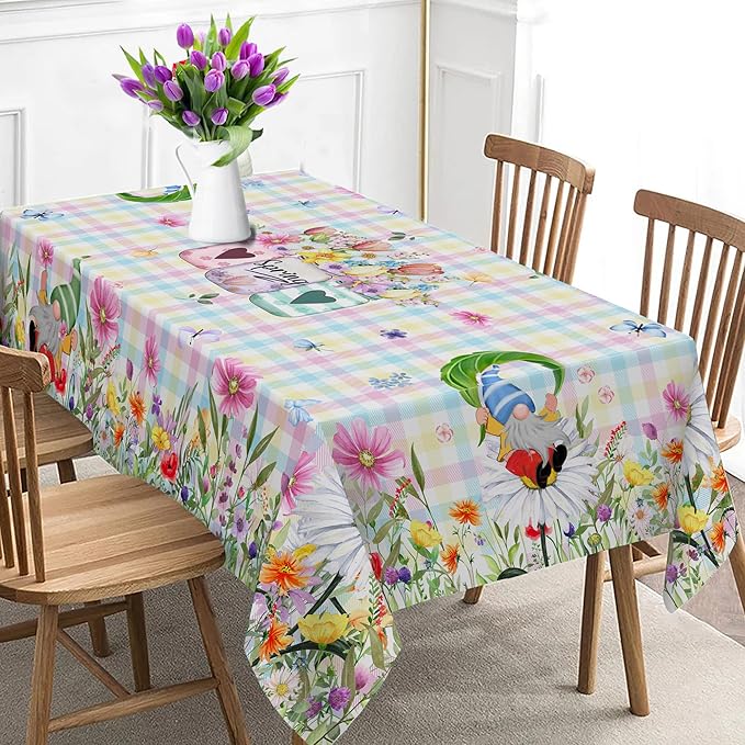 Spring Tablecloth, Rectangle 60 x 104 with Gnome Flowers, Oblong Tablecloth Buffalo Check Plaid Kitchen Table Cover for Dining Room Indoor Decor