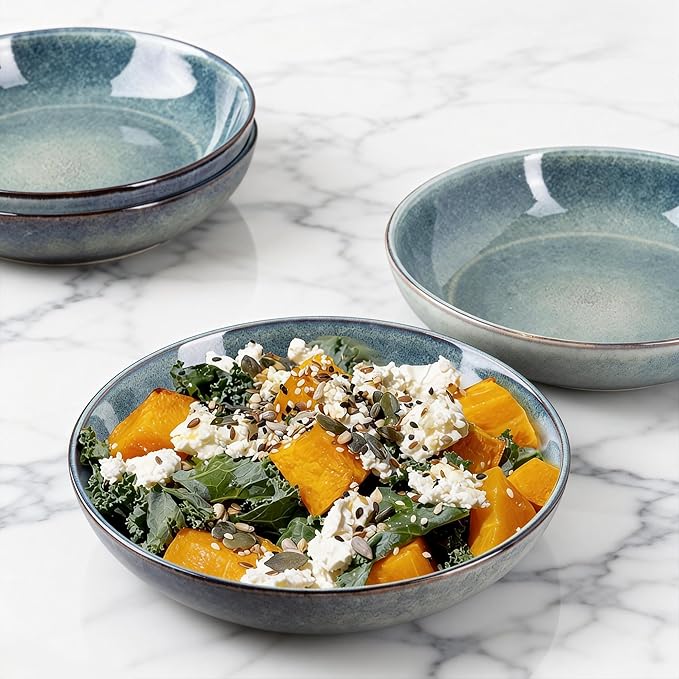 AmorArc 8.5'' Large Ceramic Pasta Bowls Set, 36oz Stoneware Bowls Set of 6 for Kitchen, Reavtive Glaze Bowls-Microwave,Dishwasher Safe for Pasta,Salad,Oatmeal-Ceylon Blue