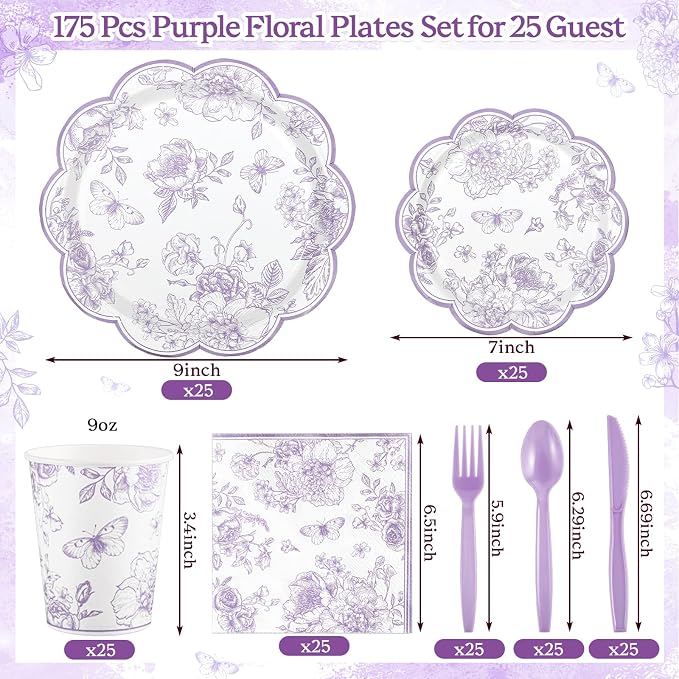 NatNarr 175 Pcs Purple Floral Party Supplies - Image 2