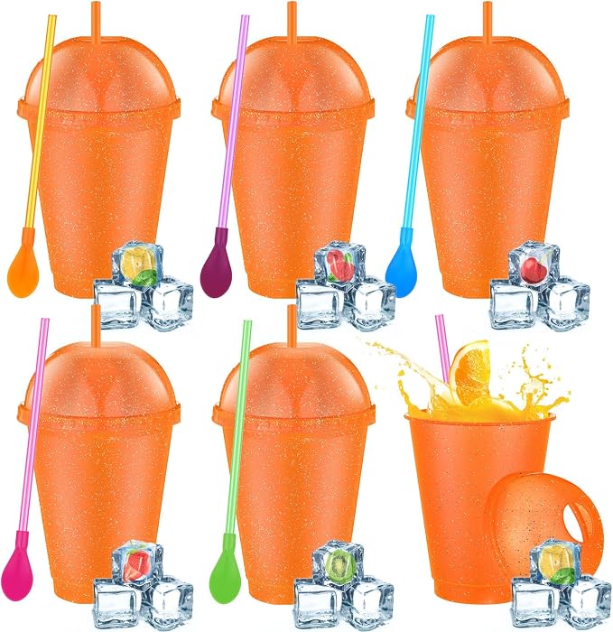 6 Set Slushie Cups with Dome Lids and Straws Detachable Spoon Straws Reusable by Unknown