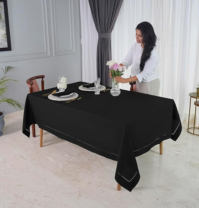 D'Moksha Homes Black Linen Tablecloth for Rectangle Tables 60 x 84 Inch - Classic Hemstitch 100% Pure Linen Black Table Cloth - Machine Washable Dining Tablecloth for Spring, Easter