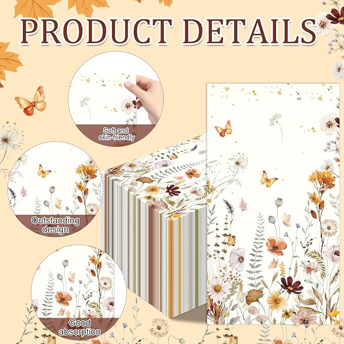 Fall Floral Paper Napkins - 100 Pcs 7.9 x 4.3 in Autumn Wildflower Napkin Decorations Set, Wild Floral Disposable Hand Towels, Birthday Wedding Bridal Shower Thanksgiving Party Supplies Decor
