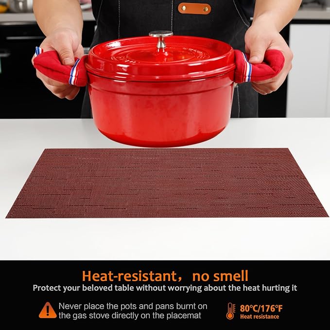 Red Vinyl Placemats Set of 12, Heat Resistant Table Placemats | 18x12 inch - Image 4