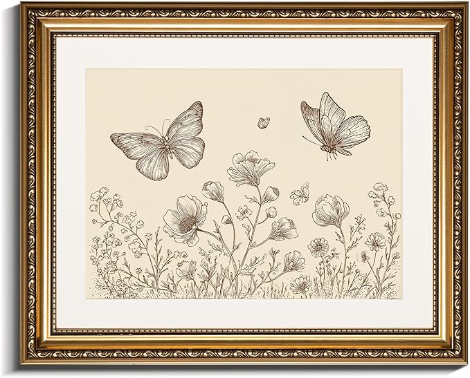 InSimSea Gold Picture Framed Wall Art, Vintage Butterflies Nursery Wall Decor, Neutral Wildflowers Botanical Canvas Print Art, Home Farmhouse Decor, Antique Paintings with Frame 13x16inch