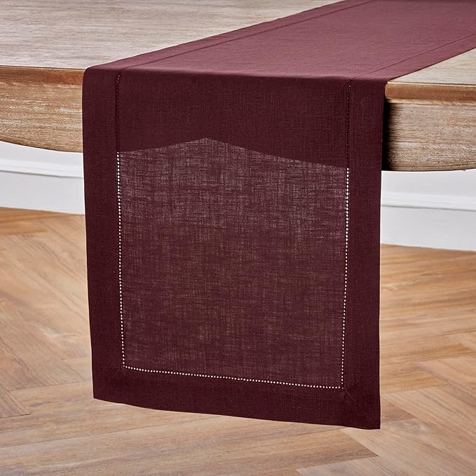 Solino Home Linen Table Runner 60 Inches - 100% Pure Linen Burgundy Hemstitch Table Runner 14 x 60 Inch Ideal for Dresser and Coffee Tables - Valentines, Winter - Classic Hemstitch