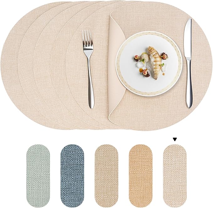 Round Wipeable Placemats Set of 2 – Faux Leather Round Table Mats, Waterproof & Washable Vinyl Placemats, Circle Design for Dining Table Decor– Ivory Beige