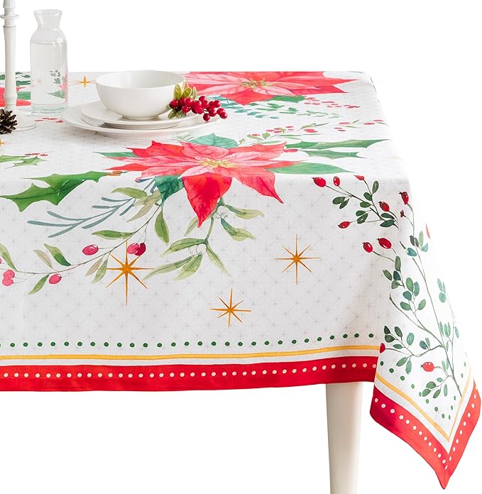 Maison d' Hermine Table Cloth Rectangle Table 100% Cotton 70 x 90 Inches Fall Tablecloth Reusable Everyday Use for Thanksgiving Christmas Decorations Dining Farmhouse Party (Poinsettia Christmas)
