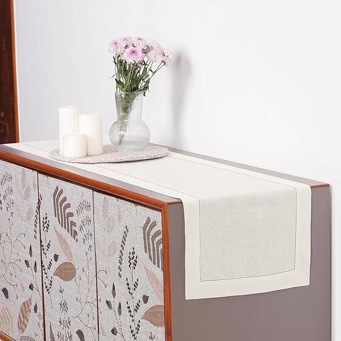 D'Moksha Homes Linen Ivory Table Runner 48 Inches - Classic Hemstitch, 100% Pure Linen Coffee Table Runner 14 x 48 Inch Ideal for Dresser Tables, Valentines, Spring, Easter