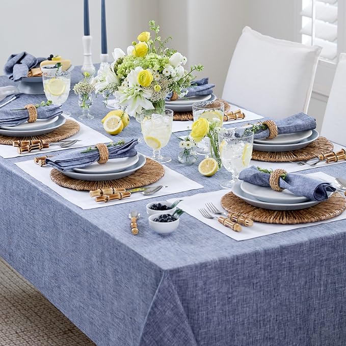 Solino Home Linen Tablecloth 60 x 90 Inch - 100% Pure Linen Chambray Indigo Table Cloth for Rectangle Tables - Athena, Machine Washable Tablecloth for Spring, Easter