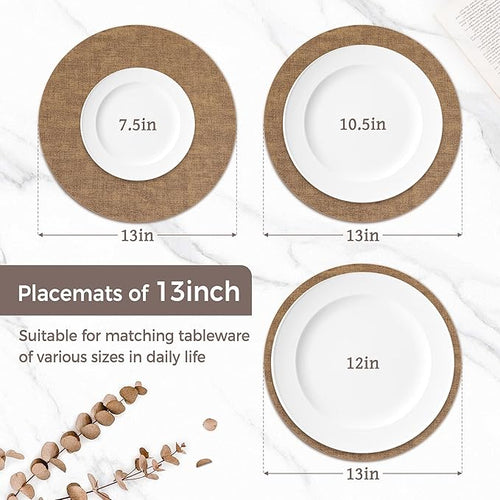 13" Round Placemats Set of 6, Reversible Faux Leather Heat Resistant Table Mats, Waterproof Oilproof Wipeable Table Protective Placemats for Vinyl, Washable for Indoor & Outdoor Use (6, Light Brown)