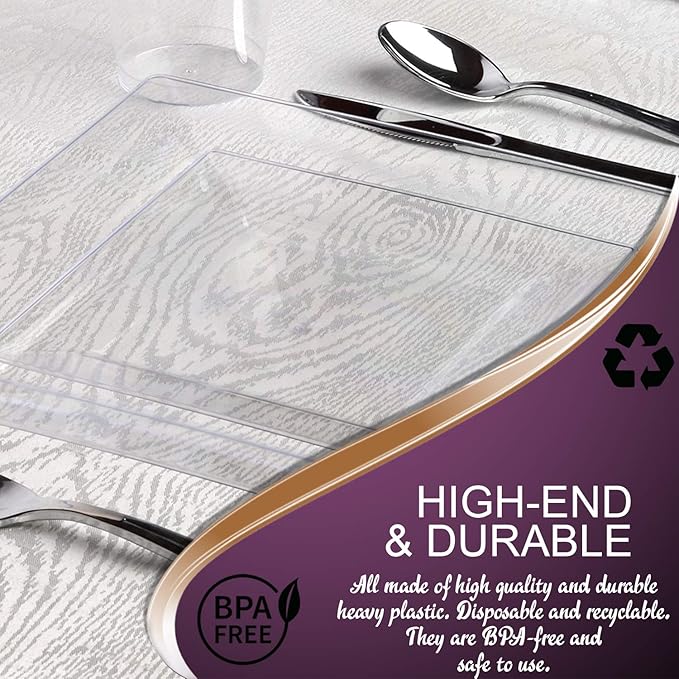 Kaya Collection - Clear Square 10.75" Dinner Plates - Fancy Disposable - Deluxe Quality - Hard Plastic - For Party’s And Weddings (120 Count)