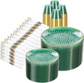 Rubtlamp 700Pcs Green Plastic Plates,Green Gold Plastic Dinnerware Set, Hammered Clear Green Plates with Gold Rim Include 100Dinner Platos,100Cake Platos,100Cups,100Pre Rolled Silverware