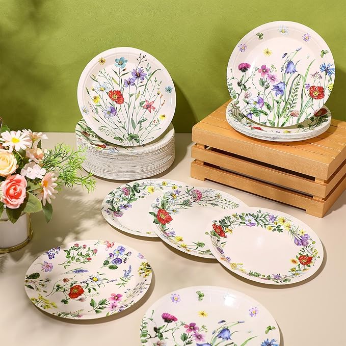 Umigy 120 Pcs Vintage Wild Floral Paper Plates 7 Inch Floral Plates, Fall Summer Flower Dinner Tableware Watercolor Flower Tea Party Dessert Tableware for Birthday Wedding Baby Bridal Shower Party