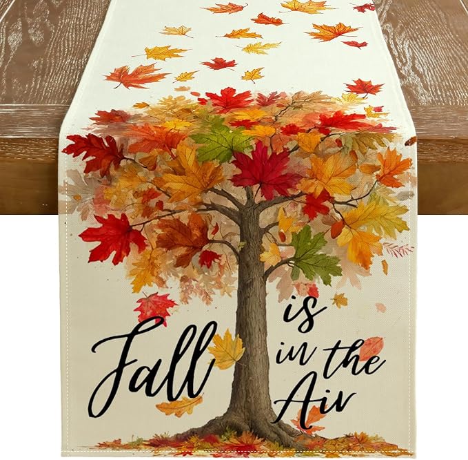 Fall Table Runner 13 x 90 Inch, Maple Leaves Autumn Farmhouse Decor by GEEORY