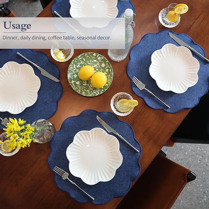 AHHFSMEI Round Faux Linen Placemats Set of 4 Waterproof Table Mats Heat Resistant Non-Slip and Stain Proof for Kitchen Dining Elegant Decor (Navy Blue,4)