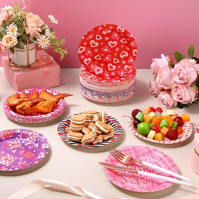 Umigy 120 Pcs Happy Valentine's Day Party Plates 7 Inch Valentine's Day Paper Plates, Heart Printed Disposable Decorative Tableware for Mother's Day, Wedding Birthday Party
